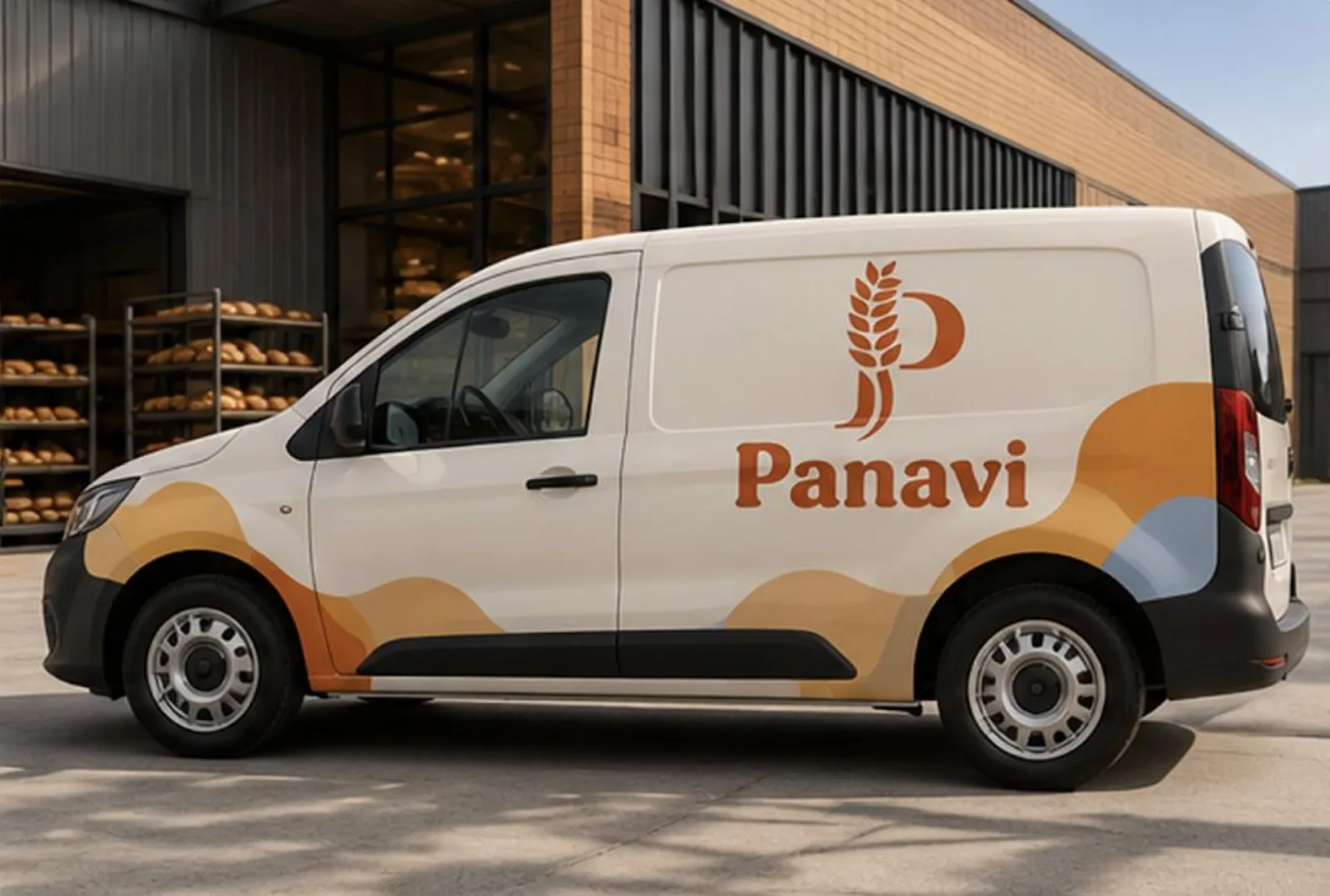 Utilitario de reparto de Panavi frente a la planta